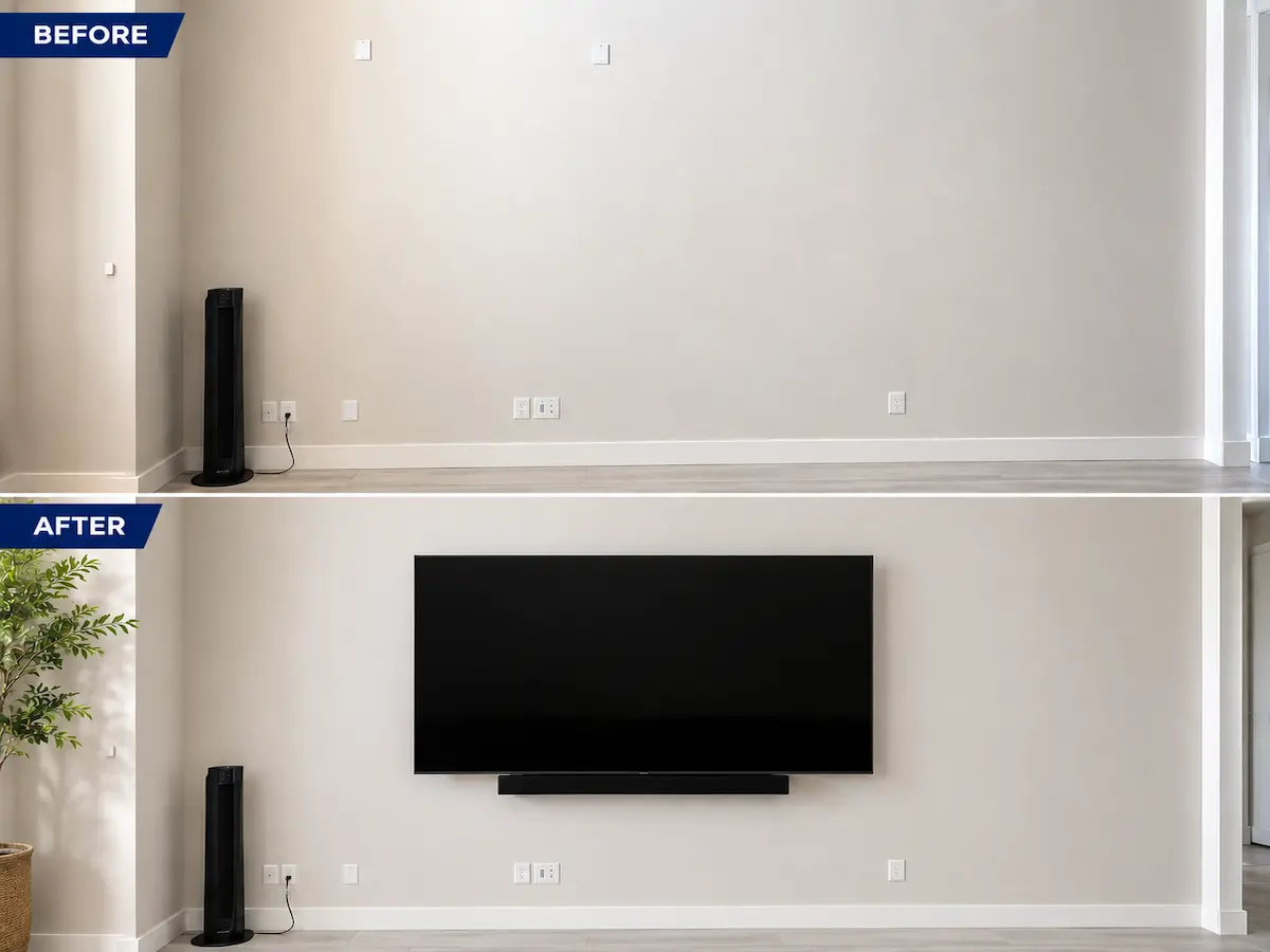 Smart TV wall mounting before and after — Mesa, AZ